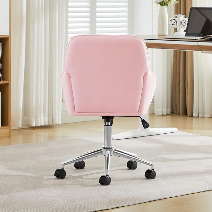 YITAI Velvet Office Desk Armchairs with Silver Base and Wheels,Modern Height Adjustable 360 Degree Swivel Upholstered Vanity Chairs for Living/Room Bedroom/Study,Pink