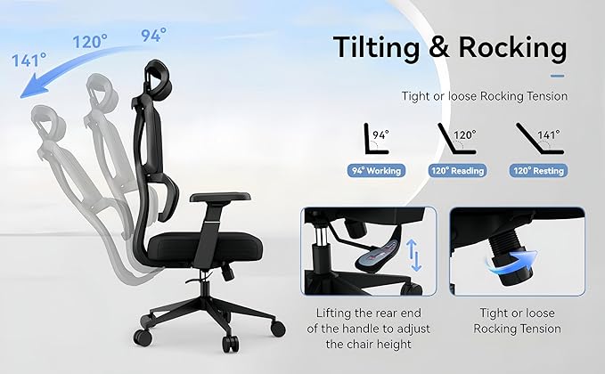 Ergonomic Office Chair Mesh High Back Computer Desk Chair with Lumbar Support, Adjustable Headrest, 3D Armrests, Tilt Lock for Home Office & Gaming