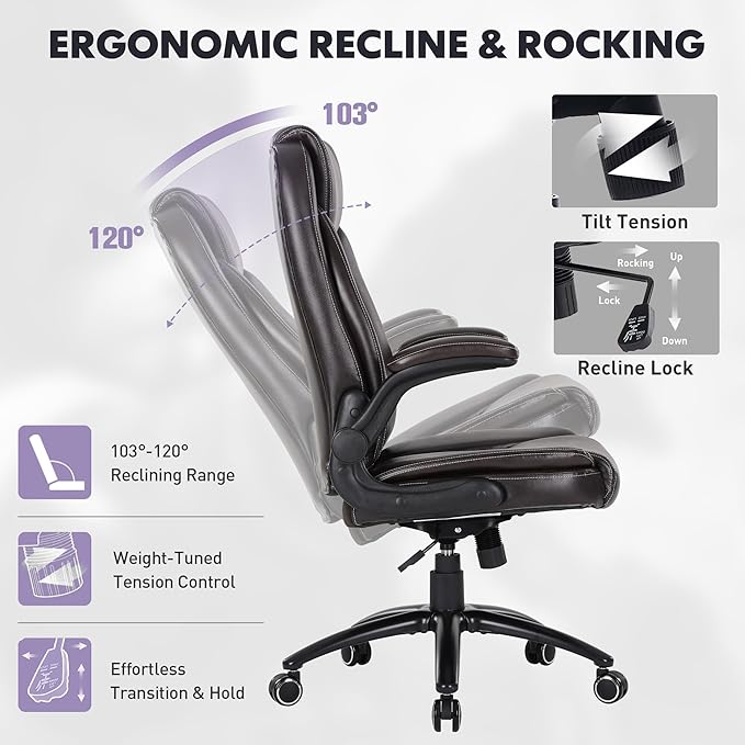 Ergonomic PU Leather Office Chair with Flip-Up Armrests & Reclining Backrest, 300lbs Thick Padded Seat Executive Desk Chair-Adjustable Height & Tilt Tension, Brown