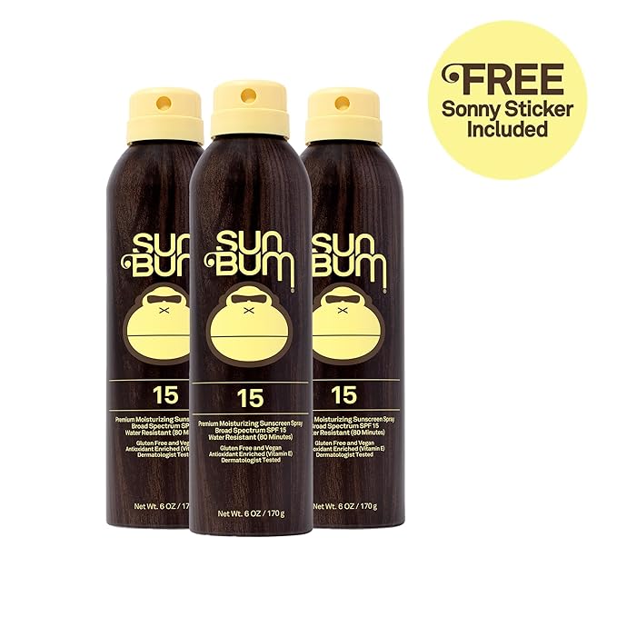 Sun Bum Original SPF 15 Sunscreen Body Spray with Sonny Sticker - Broad Spectrum Moisturizing Sunscreen with Vitamin E - Hawaii 104 Act Compliant (Made without Octinoxate & Oxybenzone) - 3 Pack