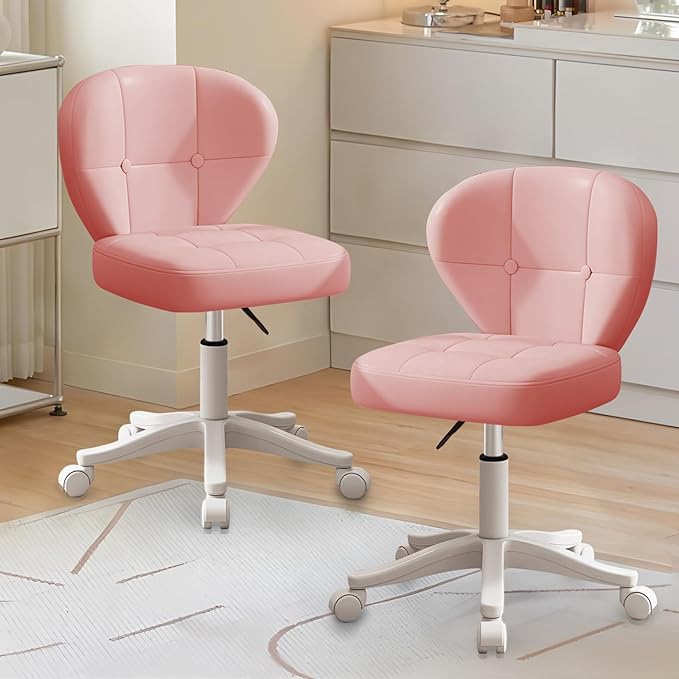 Vanity Chair with Back – Small Armless Office Chair with Wheels, Lumbar Support, PU Leather, Adjustable Height, 360° Swivel for Home, Bedroom, Office Pink Set of 2