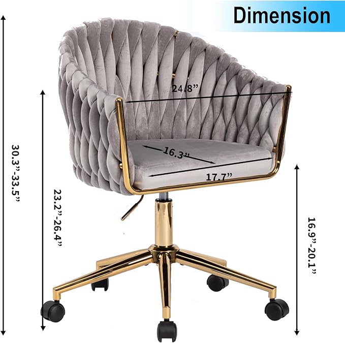 Velvet Office Chair with Hand Woven Back, Vanity Desk Chairs with Golden Wheels, Swivel Home Office Desk Chair, Accent Makeup Desk Chair for Bedroom, Living Room(Grey)