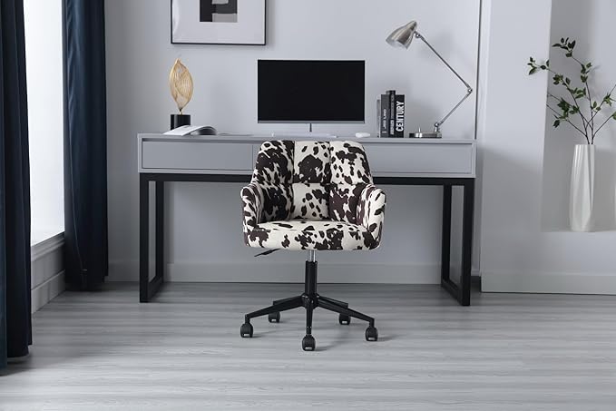 Cow Print Desk Chair Velvet Office Chair, 360° Swivel Work Chair with Mid Back Support Armrest, Adjustable-Height Upholstered Chair for Living Room, Bedroom Home Office, Cow Print