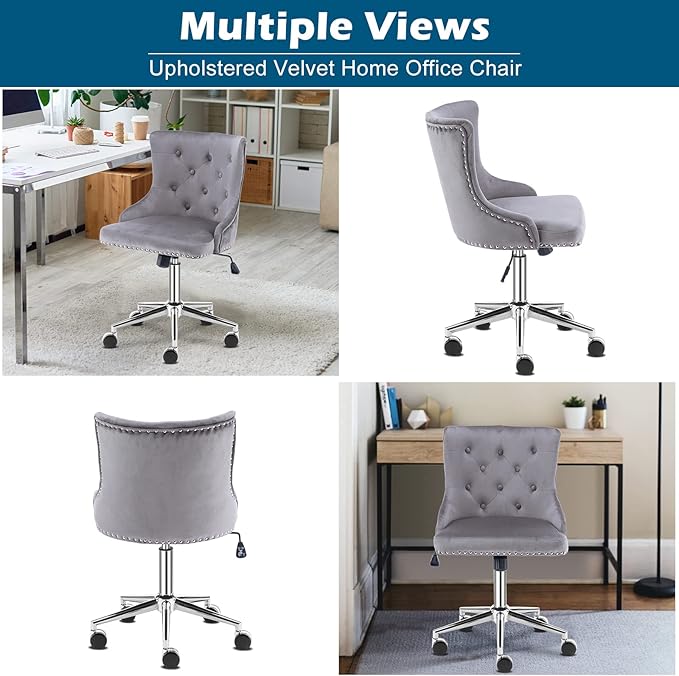 VINGLI Grey Velvet Armless Home Office Desk Chair with Silver Chrome Base/Wheels, Small Cute Vanity/Makeup Chair with Back for Bedroom, Upholstered Adjustable Rolling Swivel Nail Chair for Women/Girls