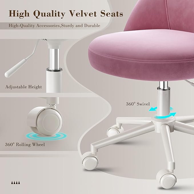 EnHomee Vanity Chair with Wheels, Comfy Office Chair with Back, Cute Desk Chair for Bedroom, Home Office, Makeup Room,Armless,Gentle Pink