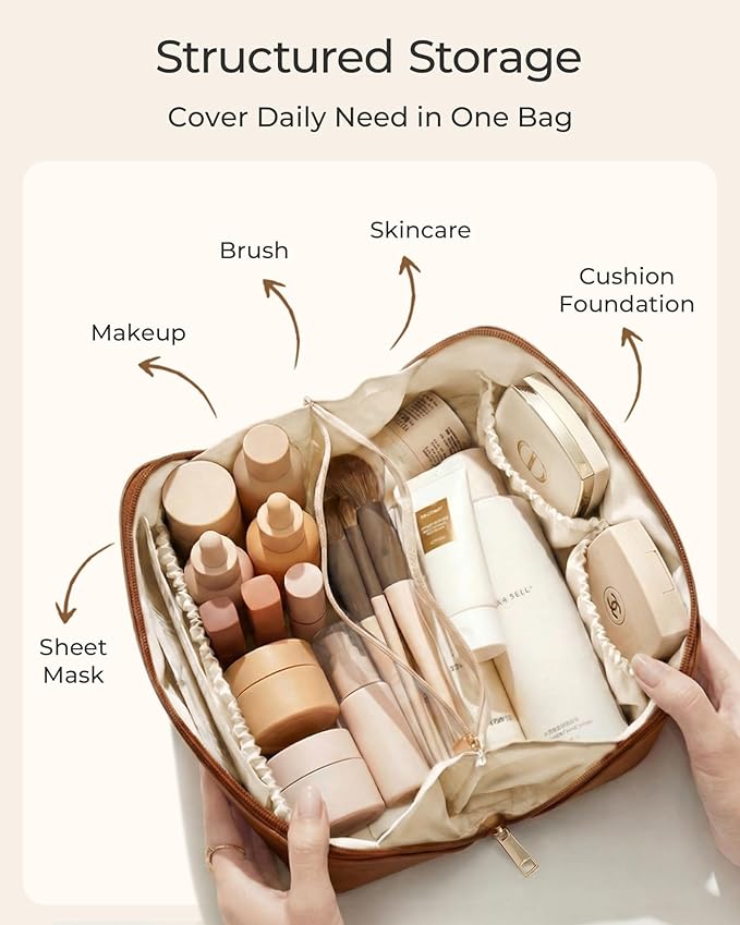BAGSMART Makeup Bag Travel Cosmetic Bag, Large Make Up Bag Flat Open Toiletry Bag for Women, PU Leather Travel Essentials Organizer Case, Wide-open Pouch Purse for Skincare, Brushes, Sky Blue