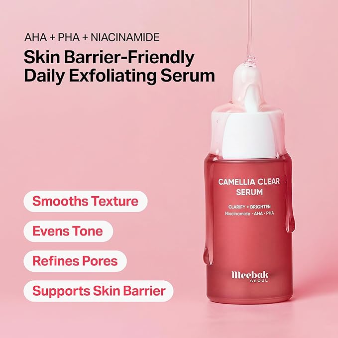 Meebak Camellia Clear Daily Exfoliating Serum – 2% Niacinamide + AHA & PHA, Gentle Chemical Exfoliant Face Serum for Skin Texture & Tone, Hydrating Pore Minimizer for Face, Korean Skincare