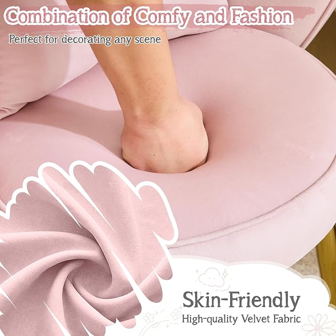 VINGLI Petal Makeup Vanity Chair with Back,Flower Cute Girls Desk Chair Comfy No Wheels,Modern Dining Chair,Small Accent Chair with Adustable Gold Legs&Bow Pillow for Home Office,Bedroom,Velvet,Pink