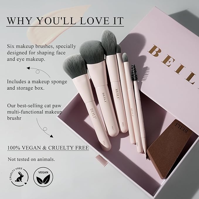 BEILI Mini 6Pcs Makeup Brush Set – Soft Pink, Travel Makeup Brushes for Foundation, Contour, Highlighter & Blending, Includes Sponge and Gift-Ready Box