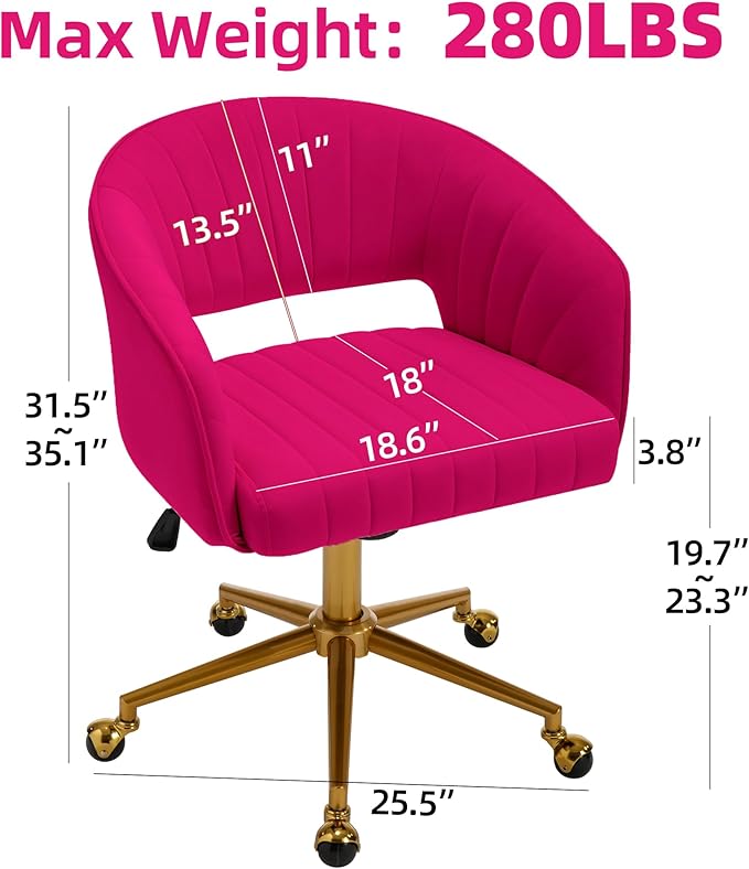 Westice Home Office Desk Chairs, Modern Velvet Rolling Chair, Height Adjustable Swivel Vanity Chair with Golden Base, Ergonomic Chair for Vanity Study, Living Room Computer Room, Hot Pink