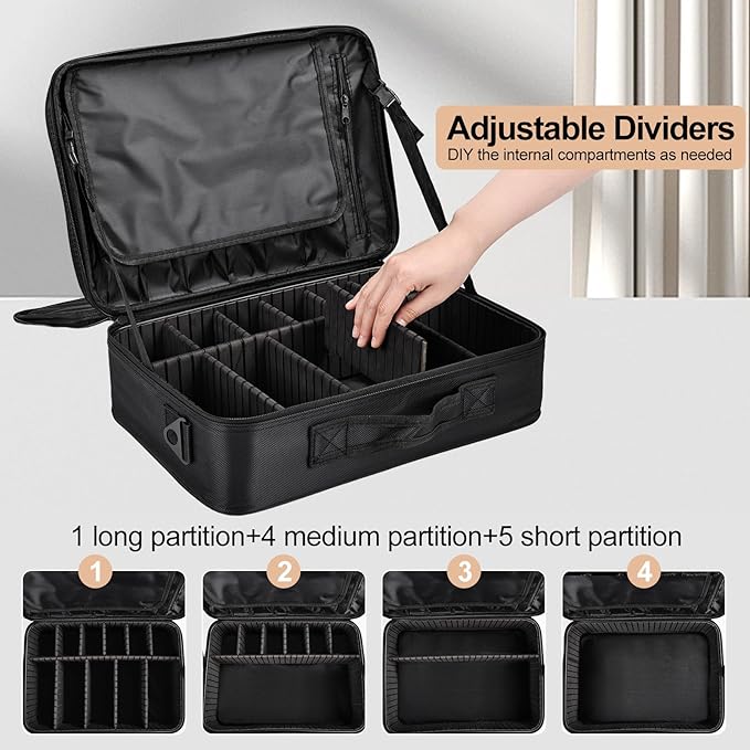 Professional Makeup Train Case with Brush Holder, Large Makeup Travel Bag Organizer, Portable Cosmetic Carry Case 3 Layer Makeup Artist Storage Box with Adjustable Dividers and Shoulder Strap, Black