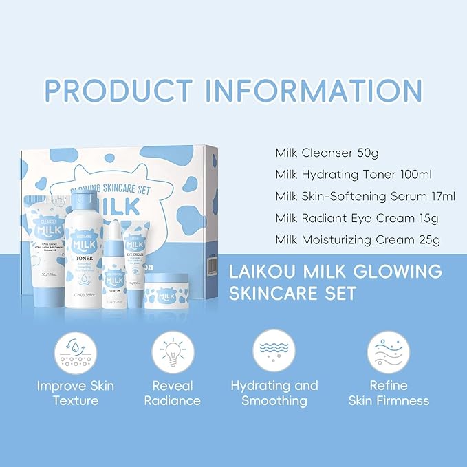 Milk Skin Care Set, 5PCS Nourishing & Hydrating Facial Care Kit for Women & Teens, Includes Cleanser, Toner, Serum, Eye Cream, Moisturizer, Gentle Daily Facial Care Gift Set Routine Kit