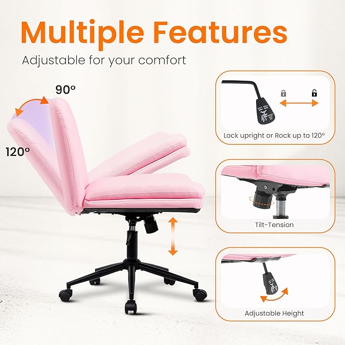 NEO Chair Criss Cross Chair with Wheels Armless Vanity Desk Office Wide Comfy Chair Cross Legged Adjustable Swivel Rolling Computer for Home Office PU Leather (Pink-Leather)