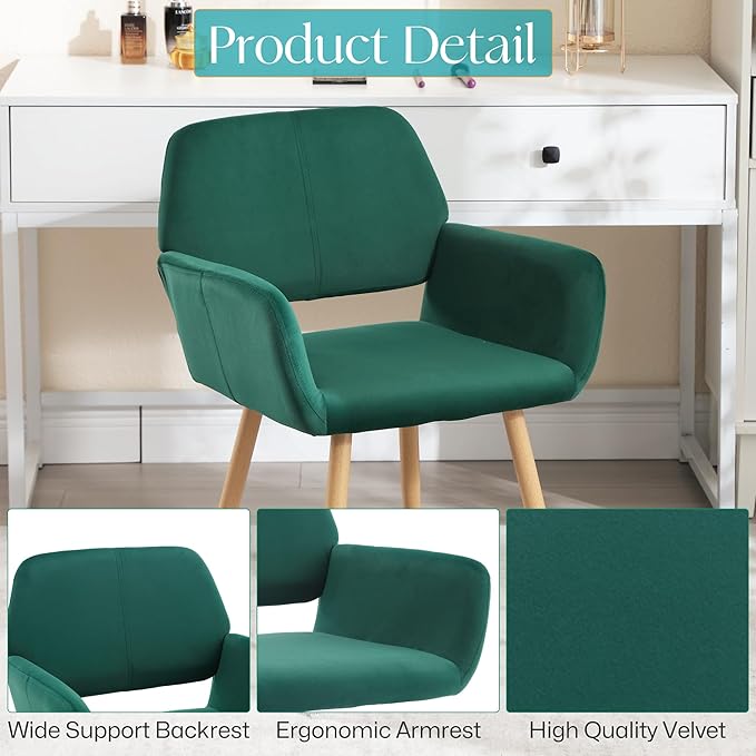 Home Office Velvet Desk Chair, Makeup Vanity Chair, Comfy Accent Armchair with Wood Grain Metal Legs, Cute Dining Chair with Hollowed Back, Dark Green