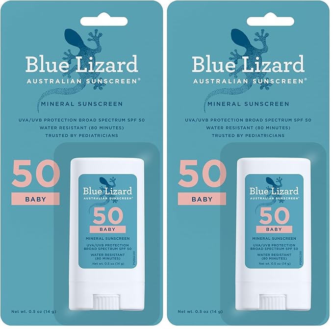 Blue Lizard BABY Mineral Sunscreen Stick with Zinc Oxide,SPF 50+,Water Resistant,UVA/UVB Protection - Easy to apply,Fragrance Free,.5 oz,(Pack of 2)