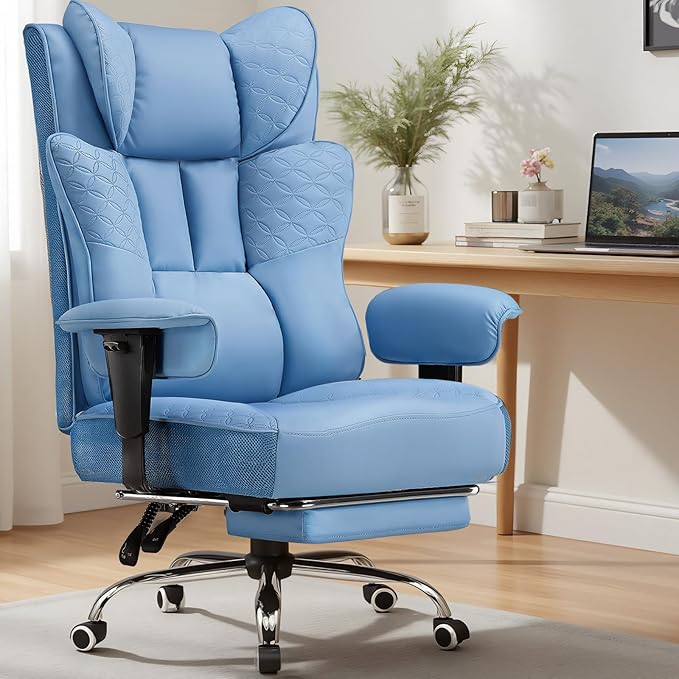 GTPLAYER Big and Tall Office Chair 400LBS Wide Ergonomic Gaming Chair with Deluxe Embossing Designed Leather with Foot Rest,150°Reclining Adjustable Soft Armrests Pocket Spring Back Support and Pillow