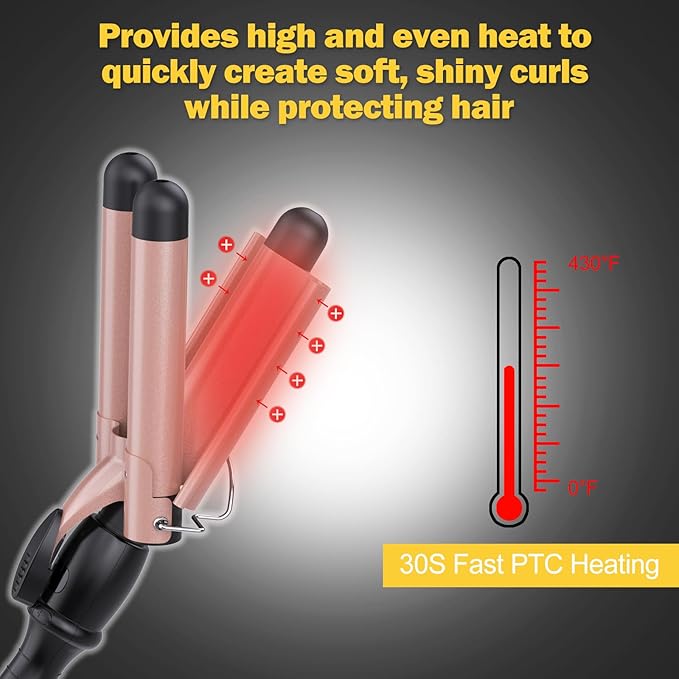 kuwa Crimper Hair Tool, 15 Variable Temperature with LCD Display Hair Crimper, Waver Hair Tool,3 Barrel Curling Iron, hairCrimper for Women,Long-Lasting Natural Tight Waves