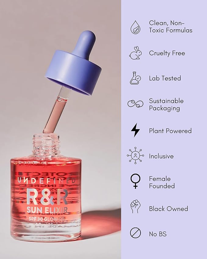 Undefined R&R Sun Elixir SPF 30 – Multitasking Glow Oil with Vitamin C, Water-Resistant Sunscreen, Rose & Vanilla Scent to brighten and protect face, body, hair from UV damage