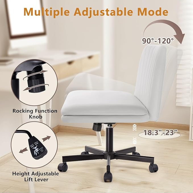 Criss Cross Chair, PU Leather Vanity Chair with Wheels, Armless Cross Legged Home Office Chair, Wide Seat Swivel Criss Cross Desk Chair, Height Adjustable Vanity Chair with Back, White