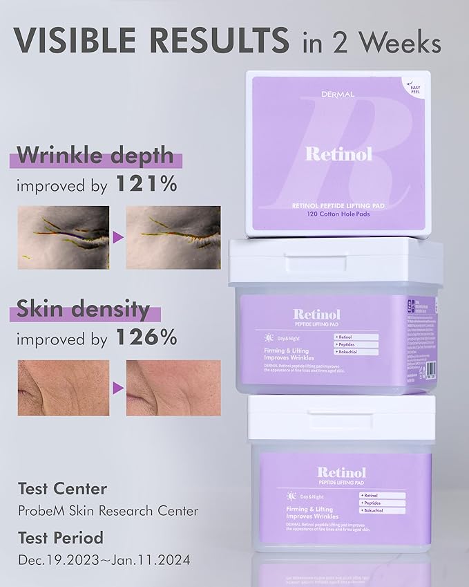 DERMAL Retinol Peptide Lifting Pad - Korean Toner Pad for Anti-Aging & Wrinkles with Bakuchiol - Vegan Pure Cotton Square Pads - Travel Kit 12 Pads, 3 Pack (Total 36 ea)