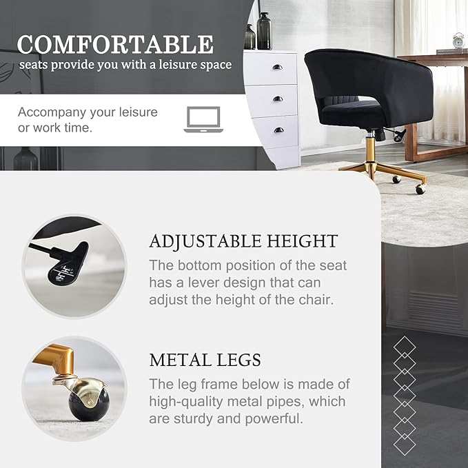 Vanity Chair with Back 360 Swivel Armchair and Gold Base, Criss Cross Chair with Wheels for Vanity Home Office, Living Room, Bedroom and Study (Black)
