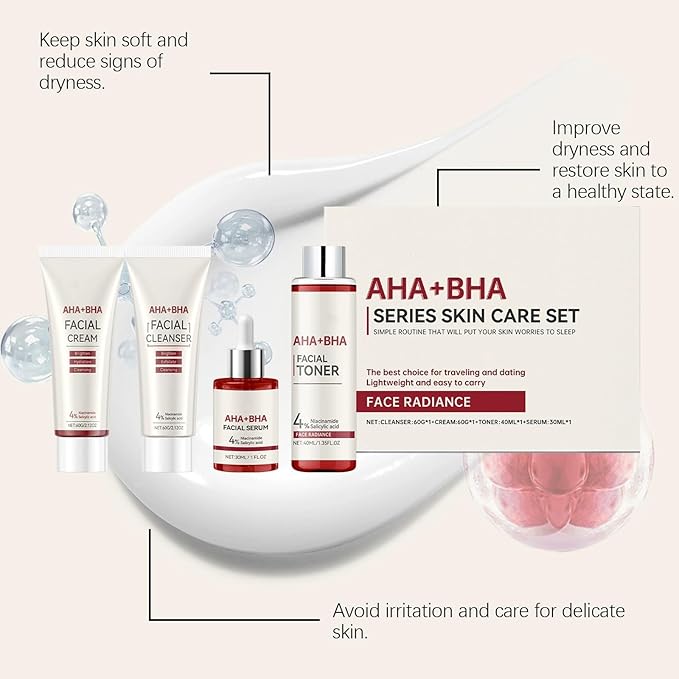 Travel Skincare Set with AHA BHA - 4 Piece Gentle Exfoliating Kit | Cleanser, Toner, Serum & Moisturizer for Women & Teens, Face Daily Korean Care Gift Box Dewy Skin Set Deep Cleansing Hydrate