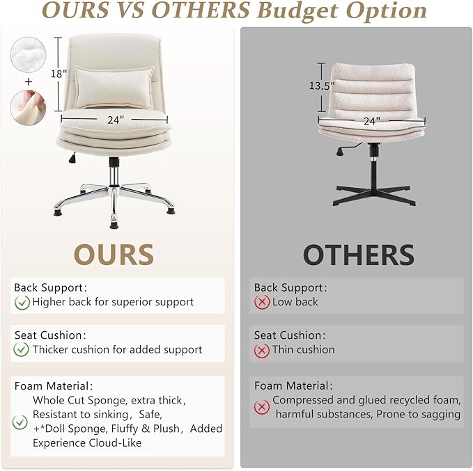 VINGLI Cloud Criss Cross Legged Chair,18" High Back Armless Home Office Desk Chair no Wheel,Wide Adjustable Comfy Padded Seat Task Computer Chair,Modern Swivel Makeup Vanity Chair,Microfiber,Beige