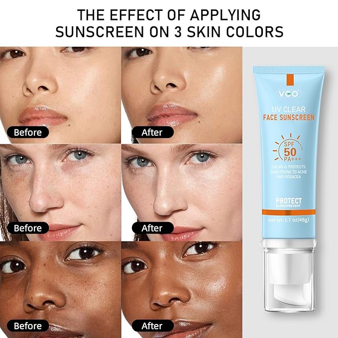 VGO Clear Face Sunscreen SPF 50, Hydrating Sun Essence Leaves No Sticky Feeling Travel Size Sunscreen Against UVA and UVB Rays 50ml / 1.7oz