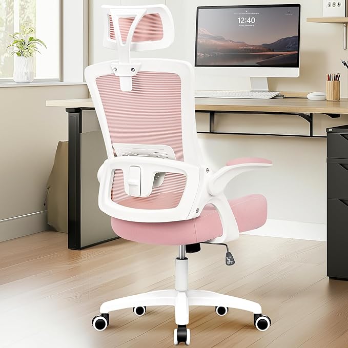 NEO Chair Office Desk Chair Computer High Back Mesh Gaming Seat with Ergonomic Adjustable Comfy Flip-up Armrests Lumbar Support Height for Home (Headrest Pink)