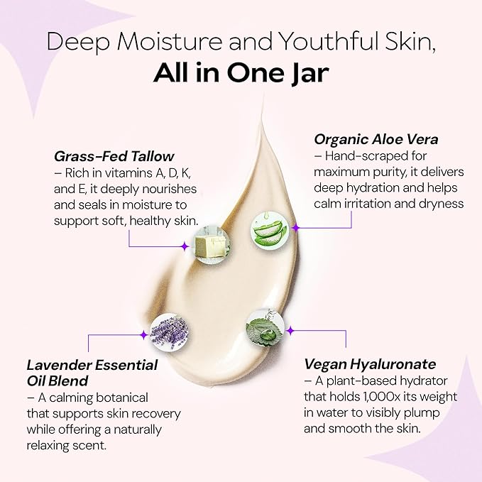 LA PURE Beef Tallow for Skin, Grass-Fed Tallow Face Cream with Organic Aloe Vera, Vegan Hyaluronate to Hydrate, Soothe Redness & Calm Sensitive Skin, Non-Greasy Moisturizer, Lavender Scent, 2oz
