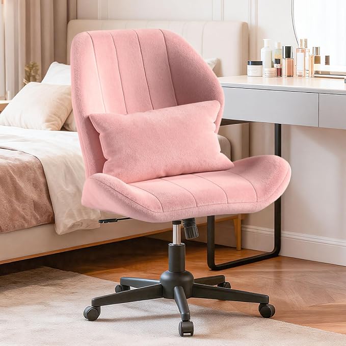 Criss Cross Chair with Wheels, Wide Cross Legged Office Chair Armless Comfy Desk Chair with Tall Back Vanity Chairs with Stress Relief Curved Design Seat for Bedroom & Office & Home Pink
