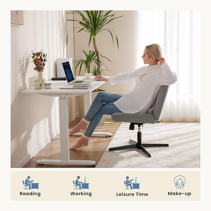 DUMOS Criss Cross Legged Office Chair, Armless Wide Seat No Wheels, Modern Home Desk Seating Swivel Height Adjustable Fabric Vanity for Bedroom