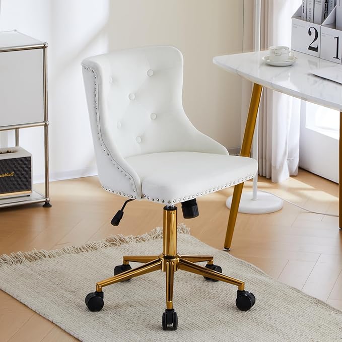 VINGLI White Velvet Armless Home Office Desk Chair with Gold Base/Wheels, Small Cute Vanity/Makeup Chair with Back for Bedroom, Upholstered Adjustable Rolling Swivel Nail Chair for Women/Girls