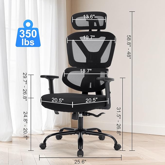 Ergonomic Office Chair,Computer Desk Chair with Adjustable Lumbar Support & 3D Headrest,5D Armrests,90-135° Recline,Breathable Mesh High Back,BIFMA Certified,Home Office Gaming Chair for Adults,Black