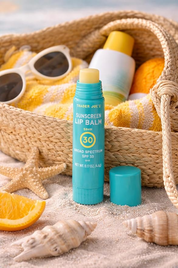 Trader Joe's Sunscreen Lip Balm SPF 30, Broad Spectrum Lip Sunscreen with Beeswax & Raspberry Seed Oil, Moisturizing Lip Protection, Vitamin E, Twist-Up Applicator, 0.17 oz