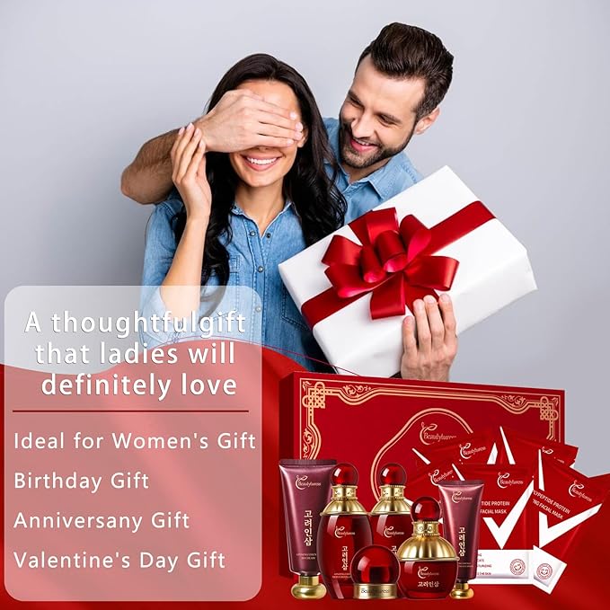 Red Ginseng Skincare Set for Women, - Anti-Aging Facial Care Kit with Toner, Emulsion, Essence, Cream, Eye Cream, Cleanser & Facial Neck Masks – Hydrating Daily Skin Gift Set