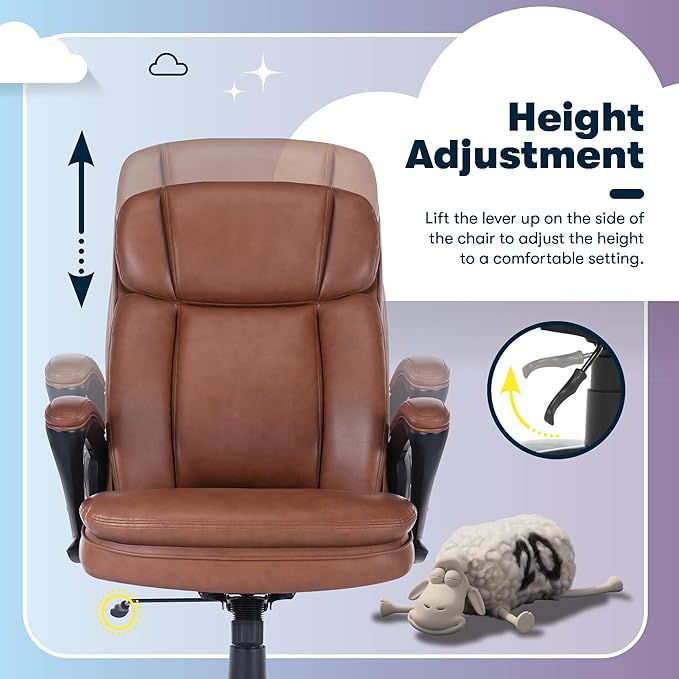 Serta Fairbanks Big & Tall Executive Office Chair, Ergonomic High-Back with Lumbar Support, Semi-Plush Seat Cushion and Body Pillows, Padded Armrests, Nylon Swivel Base, Bonded Leather, Cognac Brown