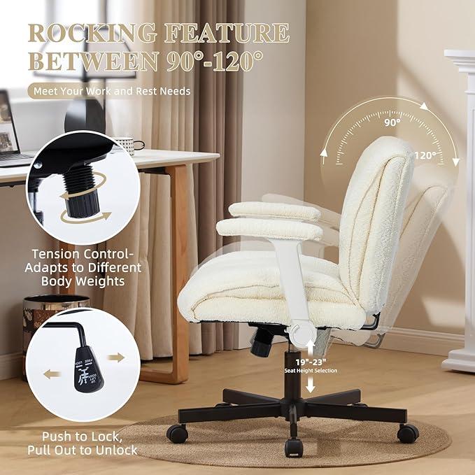 Criss Cross Legged Office Chair with Flip-Up Arms and Wheels, Wide Seat Desk Chair with Built-In Dynamic Airbag Lumbar Support, Modern Cross-Leg Chair for Home Office, Apartment, Vanity, Beige