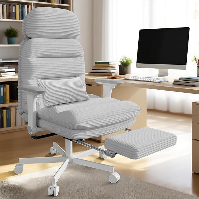 Criss Cross Chair with Wheels & Flip-up Arms, Executive Office Chair with Foot Rest, Swivel Cross Legged Office Chair with Lumbar Pillow, Corduroy Comfy Computer Desk Chair for Home, Grey