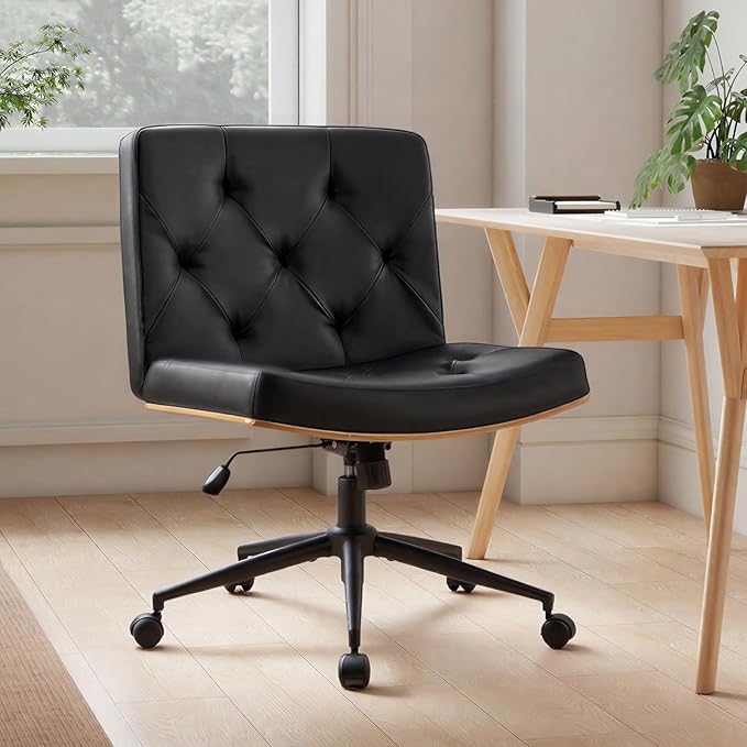 Furnimart Heavy-Duty Curved FSC Wood Desk Chair 360° Swivel, Faux Leather Criss Cross Chair with Wheels Wide Seat, Comfy Armless Cross Legged Sitting for Bedroom, Office, Vanity (PU Black)