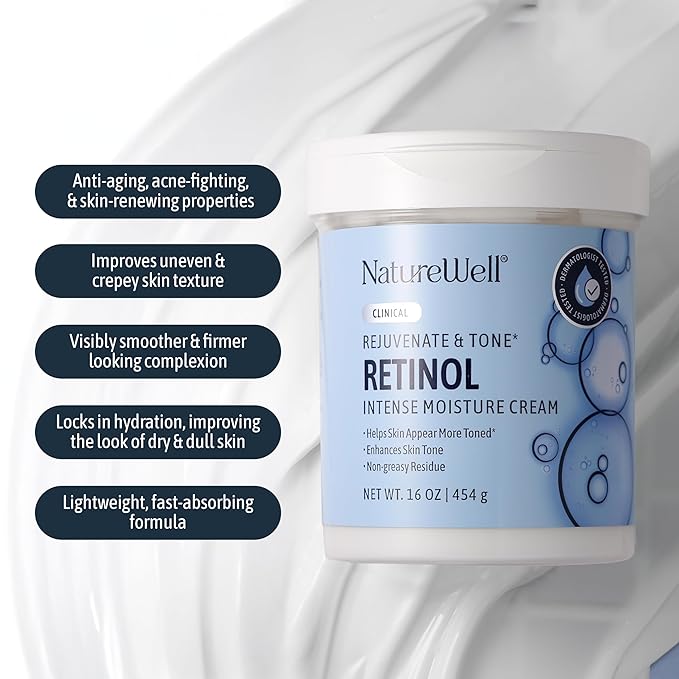 NATURE WELL Clinical Retinol Intense Moisture Cream for Face & Body - Anti-Aging Firming Cream for Wrinkles, Fine Lines & Crepey Skin – Hydrating & Nourishing Body Lotion & Facial Moisturizer - 16 Oz