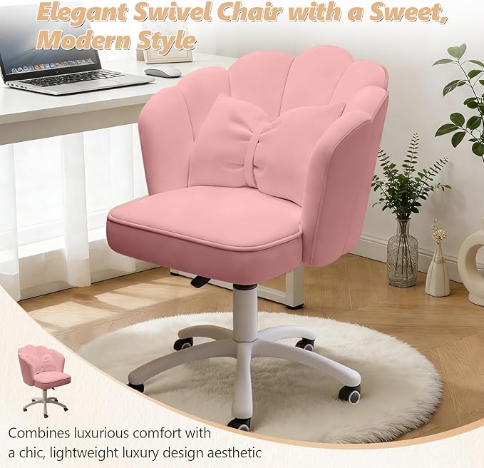 Home Office Desk Chair Swivel Rolling Vanity Chair with Silent Wheels and Comfortable Back, Adjustable Height Upholstered Computer Task Chair for Makeup, Bedroom