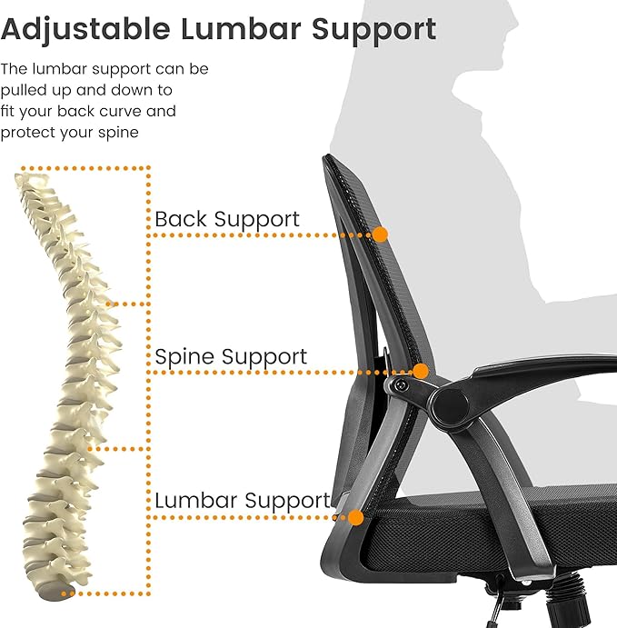 Yaheetech Home Office Chair Work Desk Chair Swivel Computer Mesh Chair with Flip-up Arms Adjustable Height Lumbar Support Executive Office Task Chair for Home Office Students Study, Black