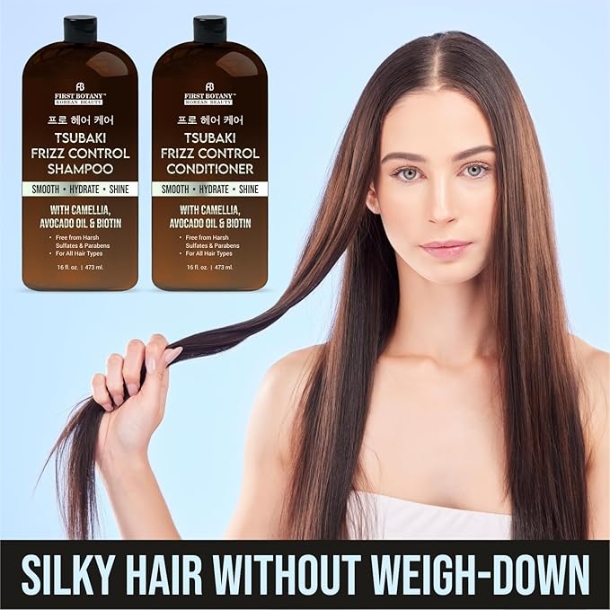 Korean Frizz Control Shampoo & Conditioner Set – Tsubaki Anti Frizz Hair Products for smooth, salon-worthy results- Sulfate Free, Hydrating & Smoothing for All Hair Types- 16 fl oz