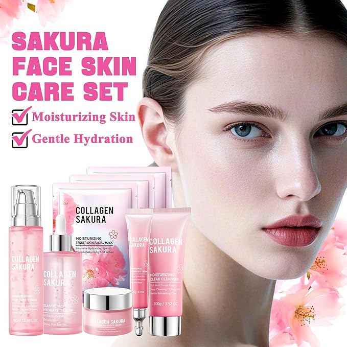8PCS Sakura Skin Care Set,Hydrating Skincare Gift Set with Facial Cleanser,Face Masks,Facial Serum,Face Cream,Toner and Eye Cream,Deeply Moisturizing Facial Kit for Women and Girls