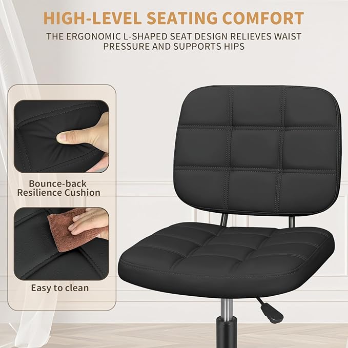 Armless Home Office Desk Chair with Wheels, Modern Ergonomic Drafting Rolling Chair with 360° Swivel Wheels,Height Adjustable Computer Task Chairs for Small Space, Black