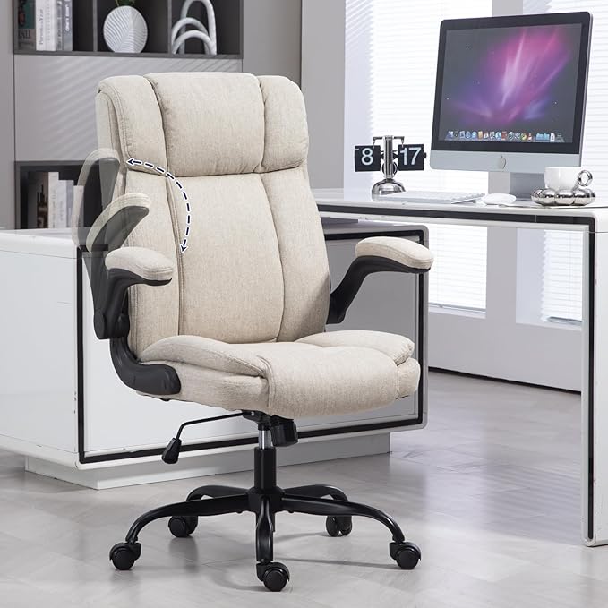 Office Chair High Back Ergonomic Executive Computer Desk Chair Comfortable Fabric Padded Home Office Desk Chairs with Flip-up Arm Rest Adjustable Height Swivel Wheels (Beige)