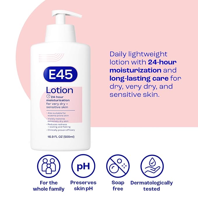 E45 Moisturising Lotion for Very Dry, Sensitive Skin, 24 Hour Moisturizer, Fragrance-Free Formula, Protect from Dryness, Reduce Redness, Dermatologically Tested, 16.9 fl oz (500ml)