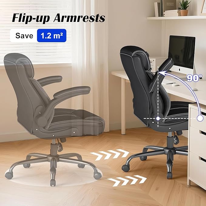 AnyGod 1Pcs Office Chair for Men Women Home Office Pu Leather High Back 360 Swivel Rocking Function Ergonomic Chair with Flip-Up Arms Lumbar Support Rolling Wheels Adjustable Height -Black Size