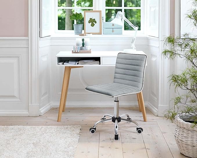 Furmax Vanity Office Desk Chair with Wheels, Armless Small Cute Leather Makeup Computer Task Chair Adjustable Height 360° Swivel (Light Grey)